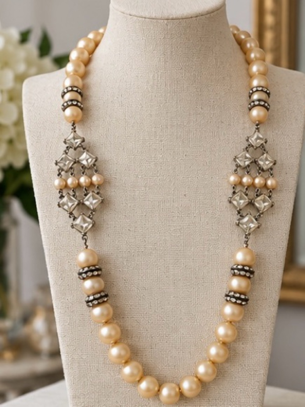 Antique Pearl and Crystal Statement Necklace in Champagne